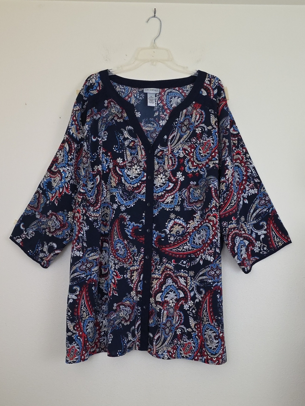 Catherines Blue, Red, White, Tan Paisley Blouse 3/4 Length Sleeves 4X
